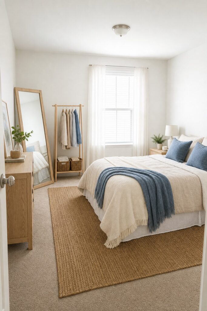 Rental bedroom made coastal without paint: plain white walls, beige carpet with a jute rug layered on top, sand and blue bedding, a leaning full-length mirror, propped art, and a freestanding clothes rack with baskets.