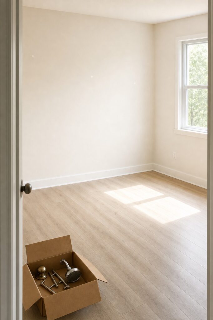 Empty rental room with clean bare walls and filled nail holes, with a box of original hardware waiting by the door