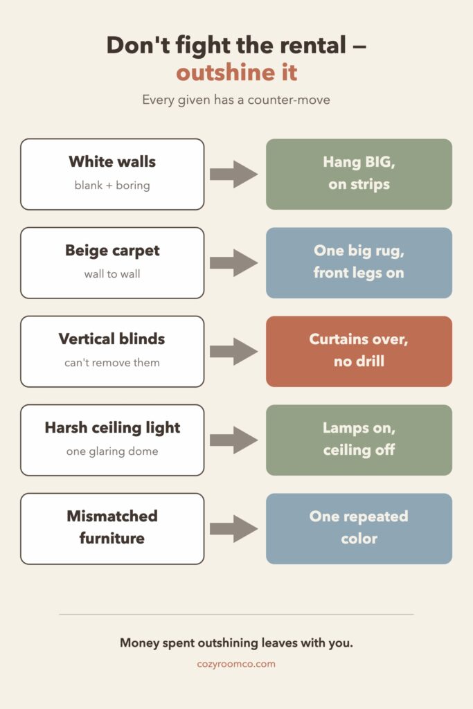 Chart mapping five rental givens — white walls, beige carpet, vertical blinds, harsh light, mismatched furniture — to damage-free decor moves