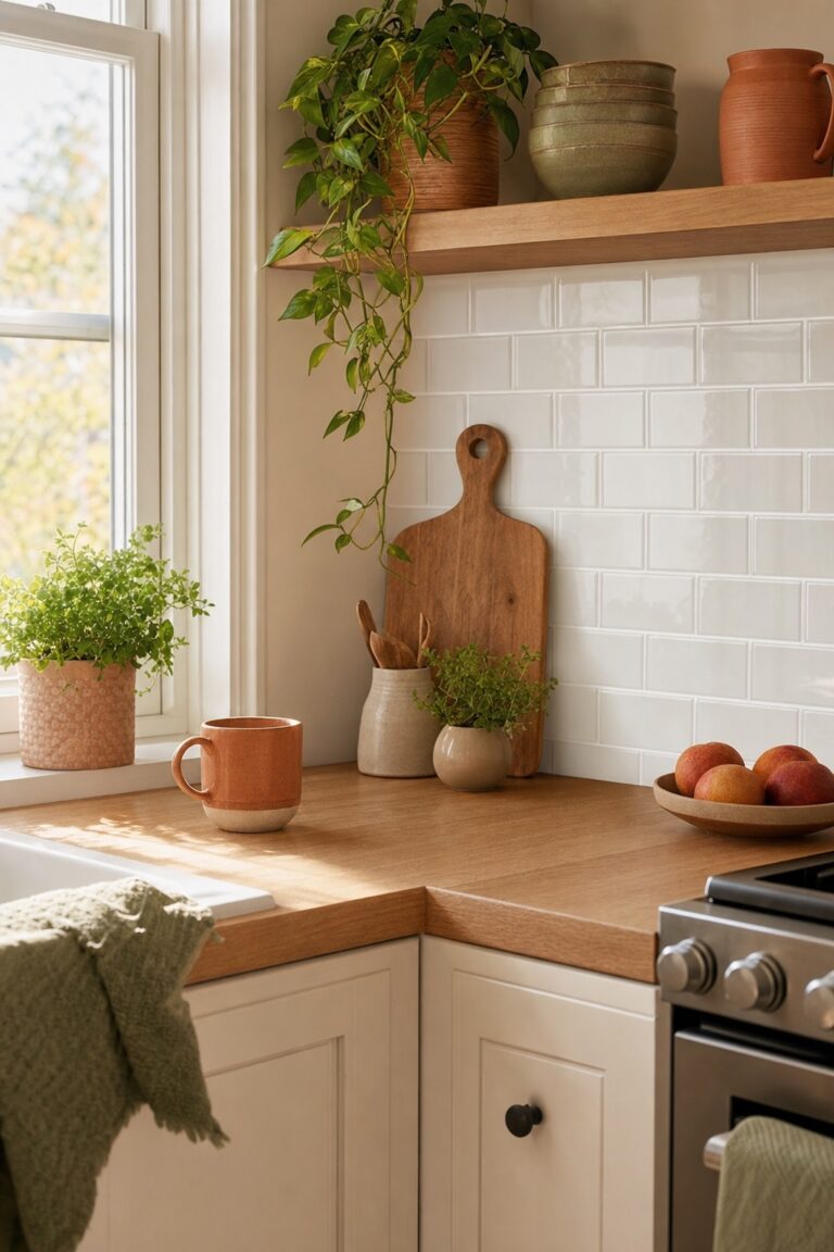 Small rental kitchen corner with a white subway peel-and-stick backsplash behind a wood counter