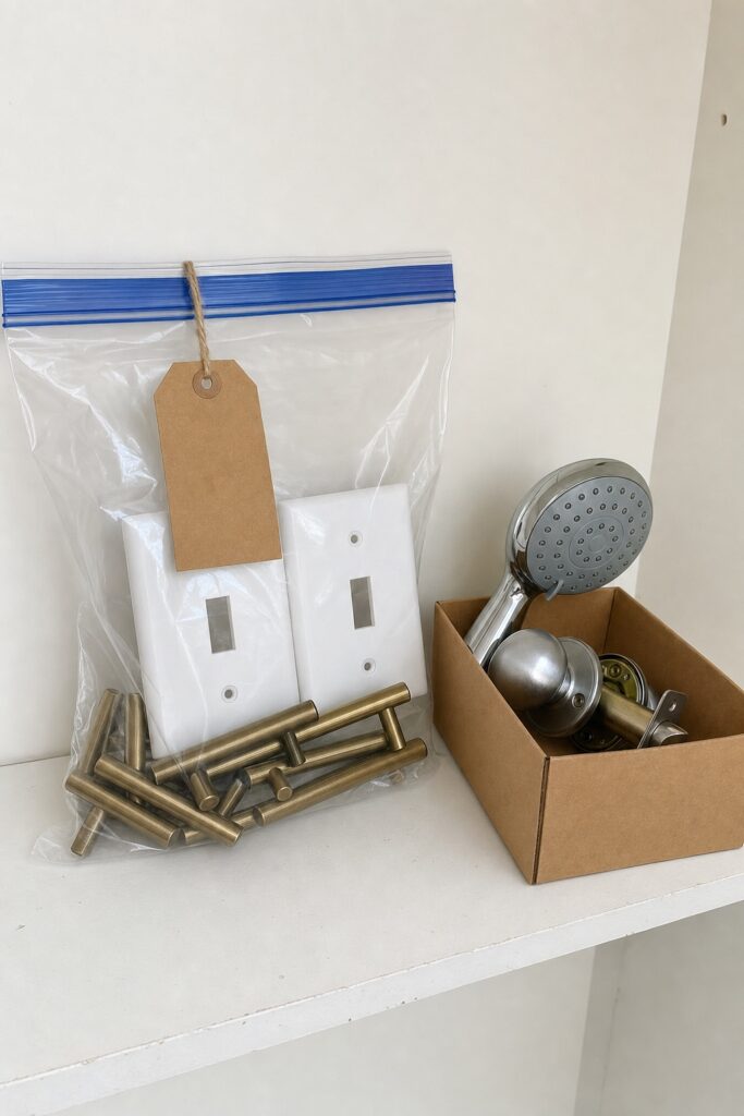 Original rental doorknob, shower head, cabinet pulls and switch plates collected together in a clear bag on a closet shelf