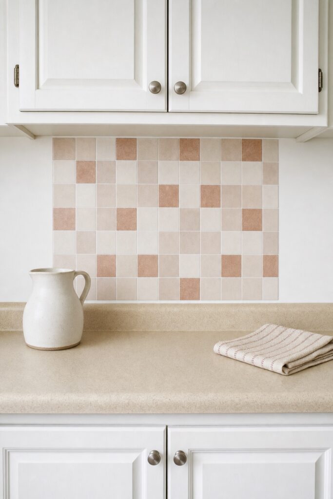 Peel and stick tile applied to a small smooth kitchen backsplash area above a counter in a rental kitchen