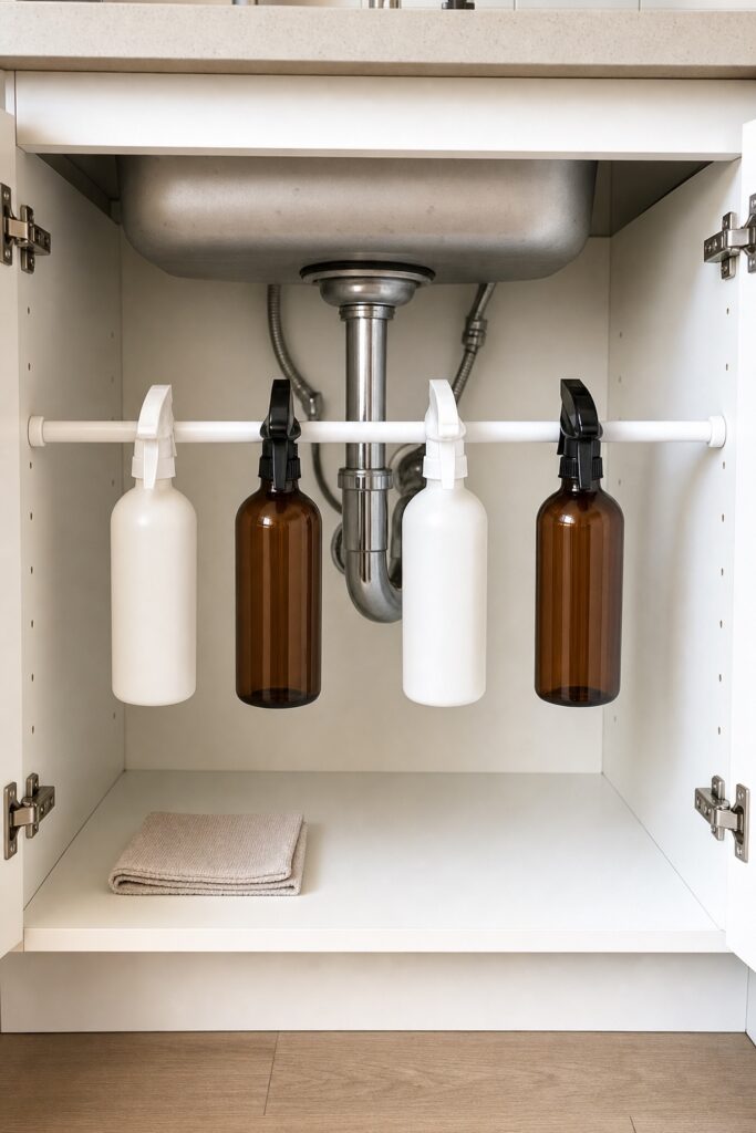 Tension rod fitted across the inside of an under sink cabinet with spray bottles hanging from it and the cabinet floor clear