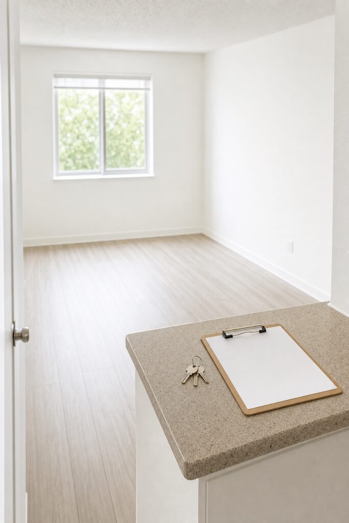 Clean empty rental apartment room with fresh white walls, keys and a blank clipboard resting on the kitchen counter pass-through.