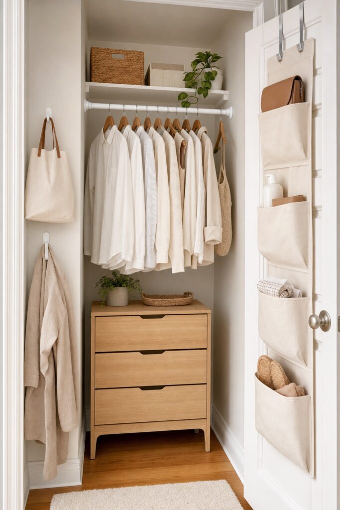 A closet set up with no-drill fixes: a tension rod, a freestanding drawer unit, an over-the-door organizer, and adhesive wall hooks