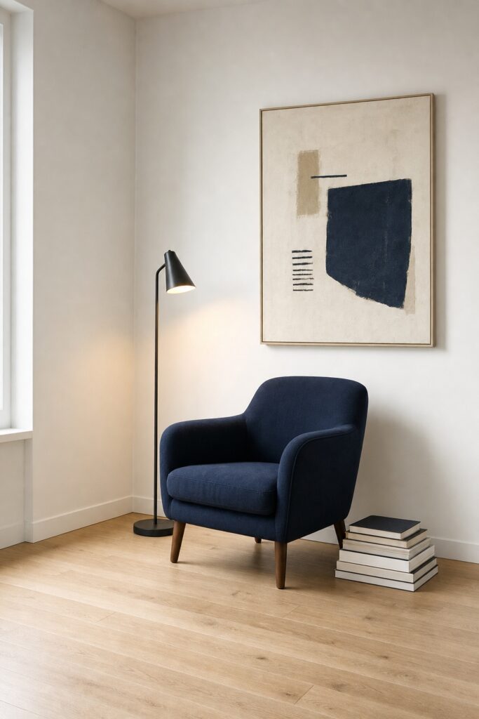 Calm apartment corner with one large artwork, a lamp and a chair, and no small prints or plastic storage