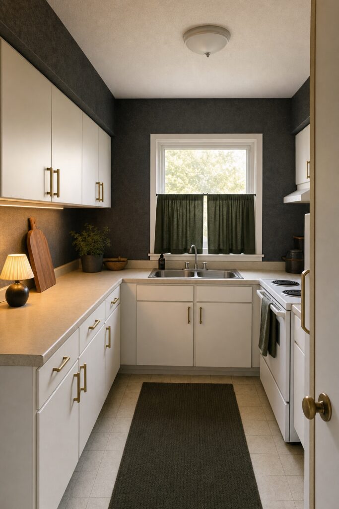 Pale rental kitchen made moody with dark removable wallpaper above the cabinets, a dark curtain and swapped handles
