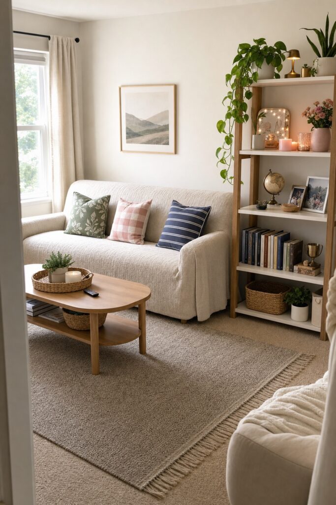 Shared college living room with neutral rug and sofa and each roommate's personality in pillows and one shelf