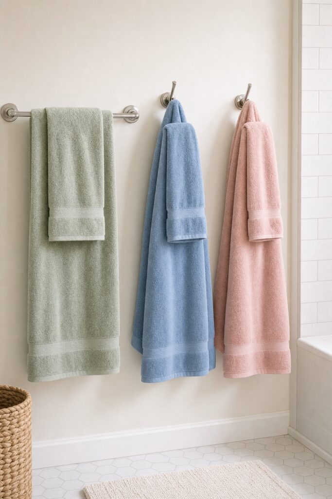 Three towel sets in sage, chambray blue, and blush hung on separate hooks in a shared bathroom