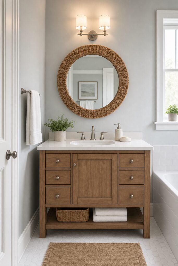 Round rattan-framed mirror above a wood vanity in a fog-gray coastal bathroom