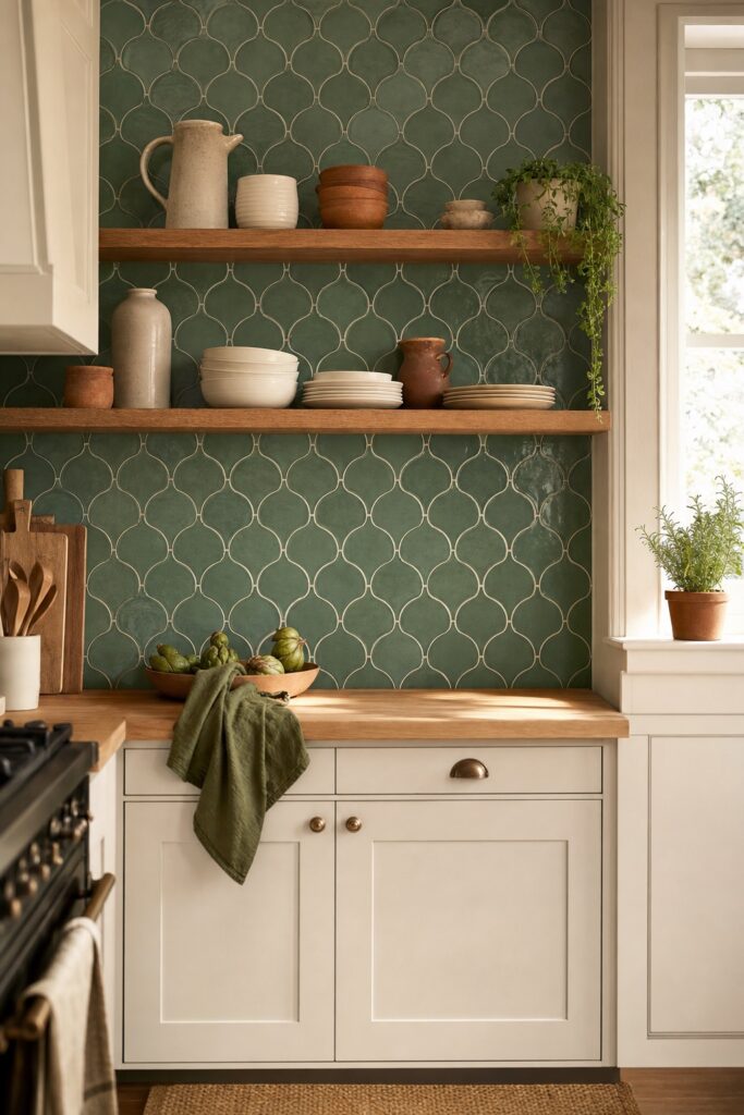 Sage green arabesque peel-and-stick backsplash behind wood open shelving with ceramics