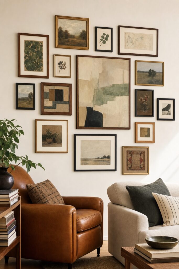 Salon-style gallery wall with mixed wood, black, and brass frames of different sizes in an organic cluster with even small gaps, above a leather-and-linen seating corner.