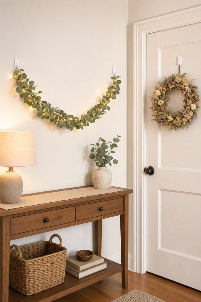 Green garland with warm lights swagged on adhesive hooks beside a wreath hanging on a door hook