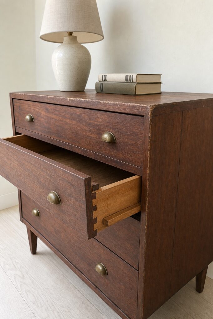 Solid wood secondhand dresser with a drawer pulled open to show the joinery, in a plain apartment room