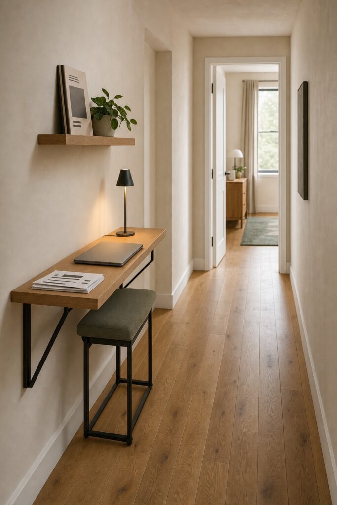 Narrow console table against a hallway wall with a laptop, a stool tucked underneath and a shelf above