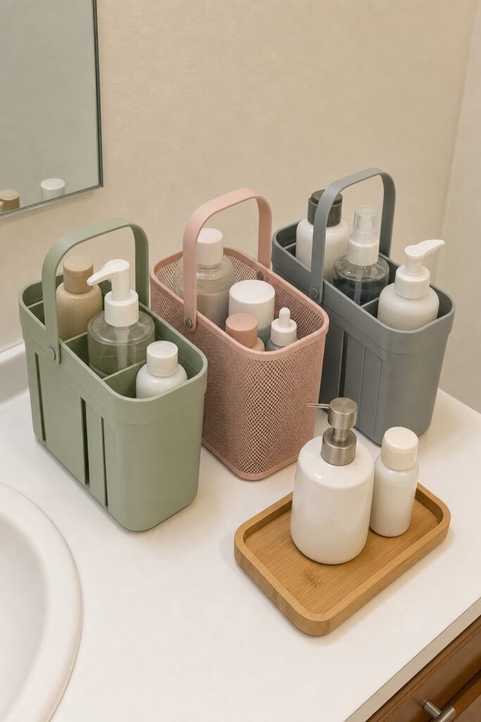Bathroom counter with personal shower caddies in different colors beside one shared tray of essentials