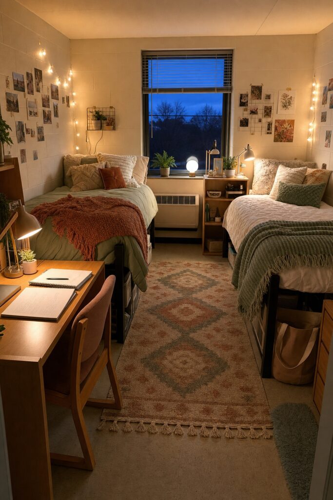 Shared dorm two weeks in: both beds personalized with photos and throws in one color family, a plant on the windowsill, warm lamps on, and a rug between the beds.