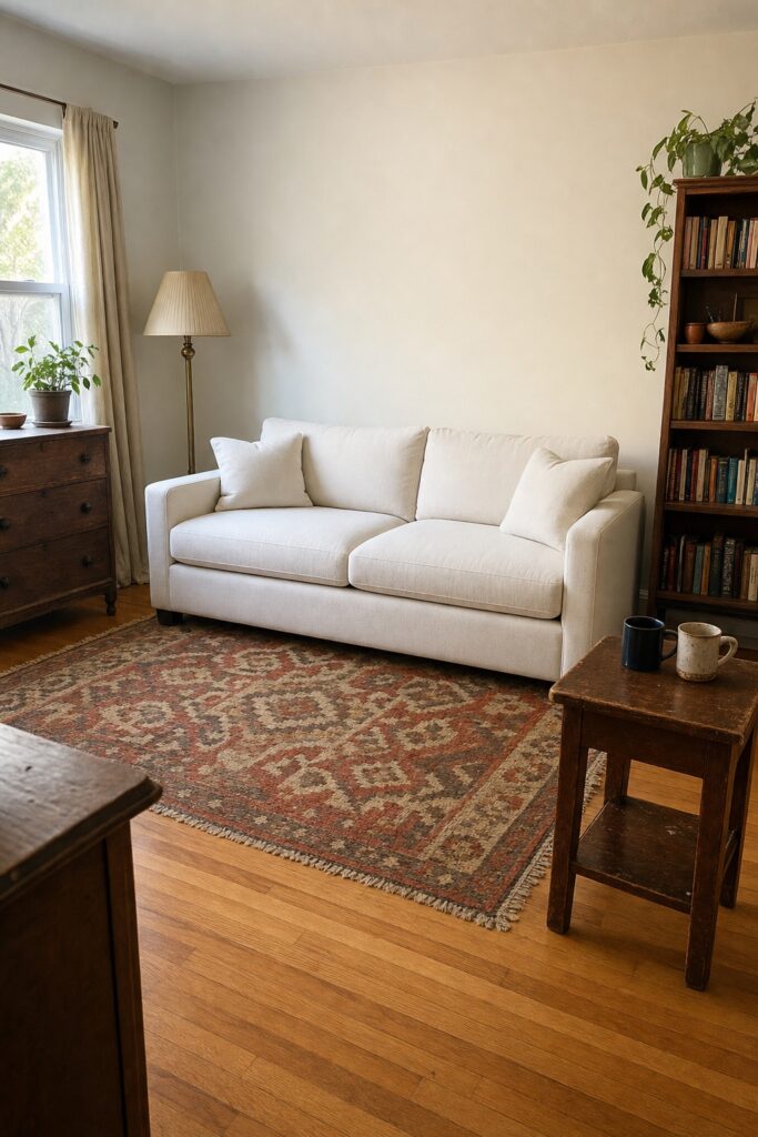 Living room with one new shared sofa surrounded by older secondhand pieces from both partners