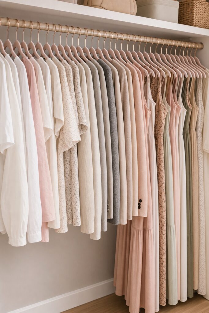 A closet rod of clothes on matching slim velvet hangers, sorted by type and from short to long