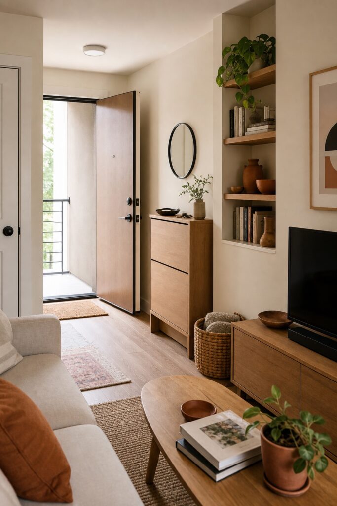 Compact apartment entry with a closed shoe cabinet, media storage, basket and one edited open shelf.