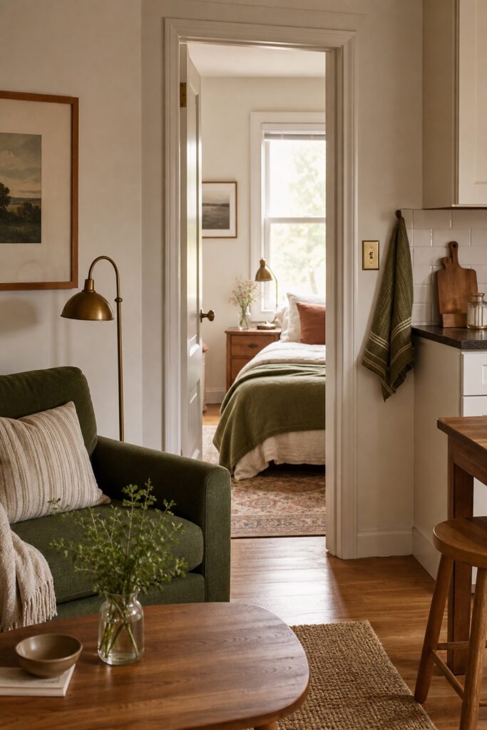 Living room view through a bedroom doorway repeating olive green, warm oak and brass across connected spaces.