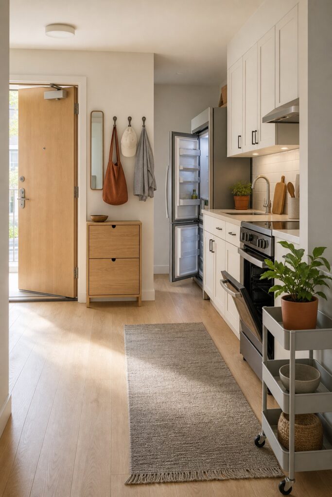 Small apartment entrance beside a galley kitchen with a shoe cabinet, three hooks and a rolling cart.