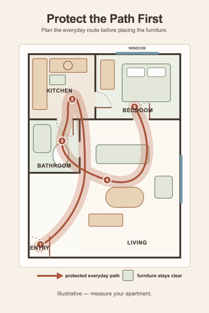 Top-down floor plan showing a numbered terracotta route from the entry through the kitchen, bathroom, living room and bedroom.