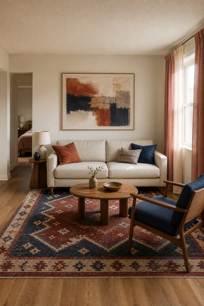 Compact living room with a large rust and navy rug, one oversized abstract print and full pink curtains.