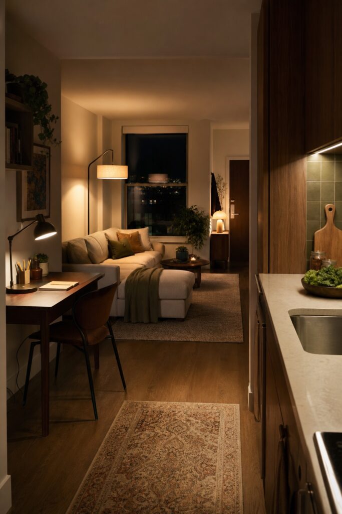 Small open-plan apartment at evening lit by separate lamps at the desk, sofa, kitchen and entry.