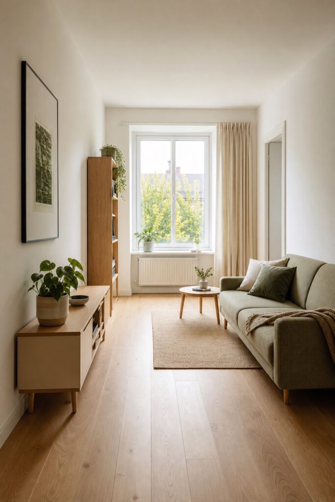 Narrow living room with low furniture and a clear sightline from the entrance to a bright window.