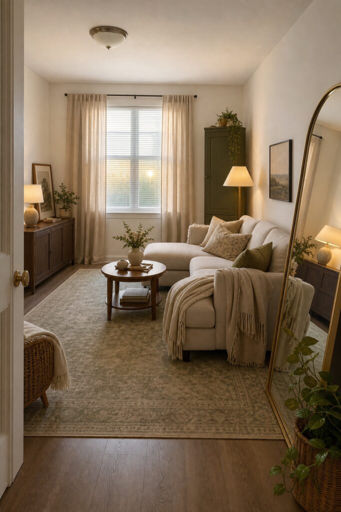 Rental living room with full curtains, a large rug, freestanding cabinets, leaning art and layered lamps.