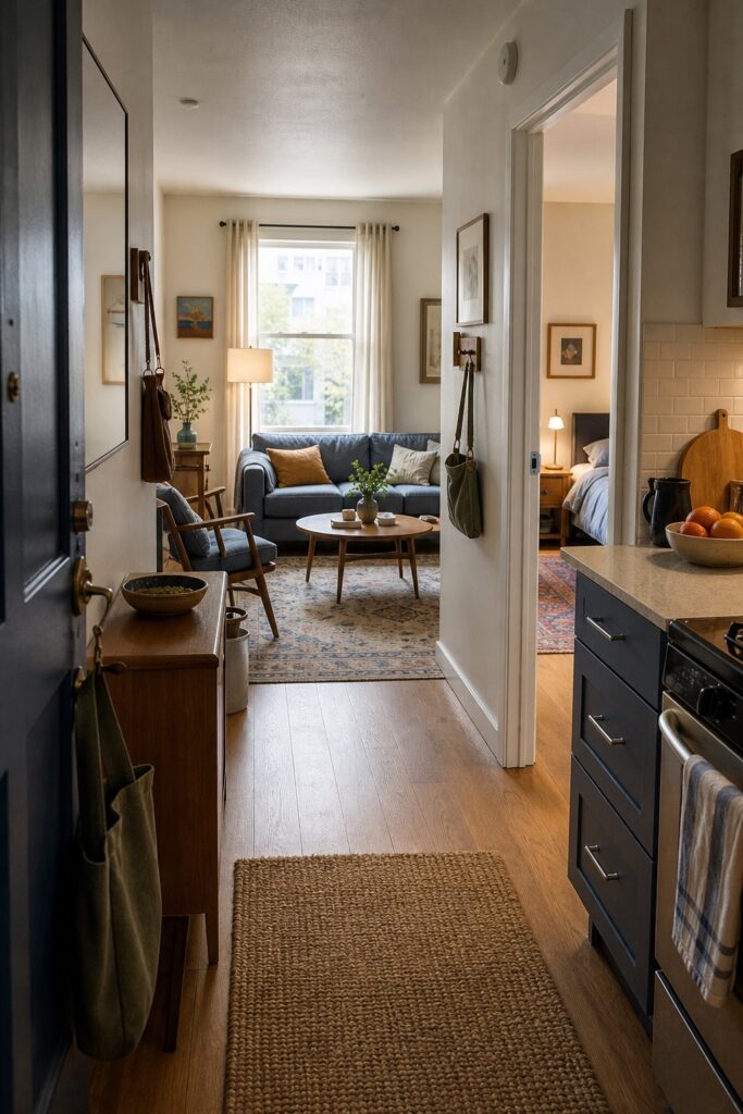 View from a compact apartment entry into a blue living room with the bedroom doorway and kitchen edge visible.