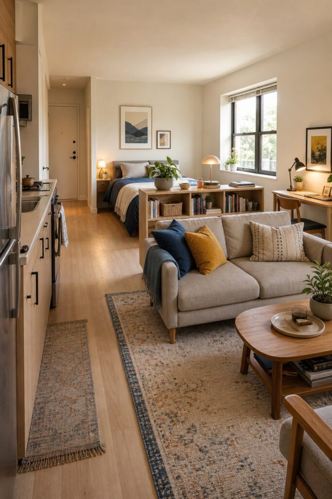Studio apartment with a low open shelf dividing the bed and sofa while a desk and kitchen remain visible.