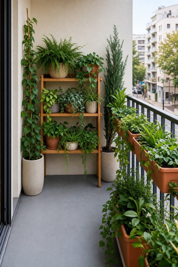 Shallow balcony filled entirely with tiered plant stands and rail planters and no seating at all