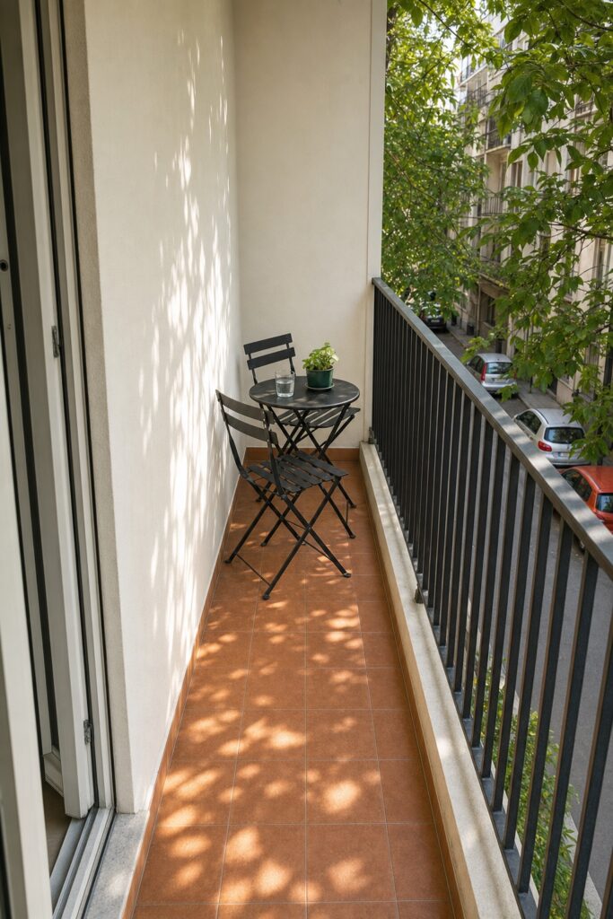 Small round bistro table and two chairs pushed to one end of a narrow balcony leaving the rest of the length clear