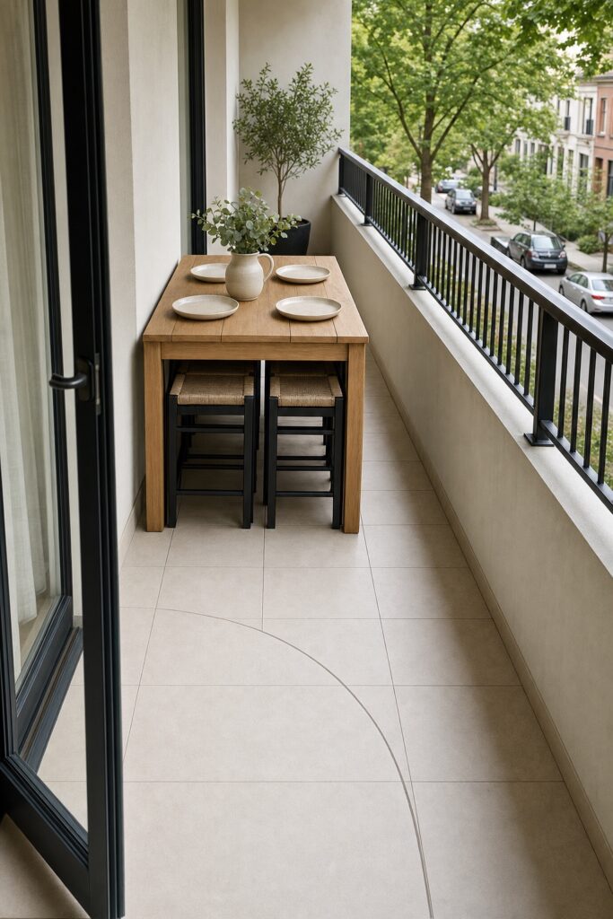 Balcony dining table for four with chairs tucked fully underneath and the doorway left clear