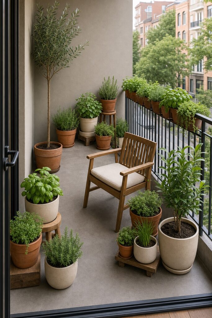 Balcony garden with pots clustered at different heights, herbs on the rail and one chair kept among them