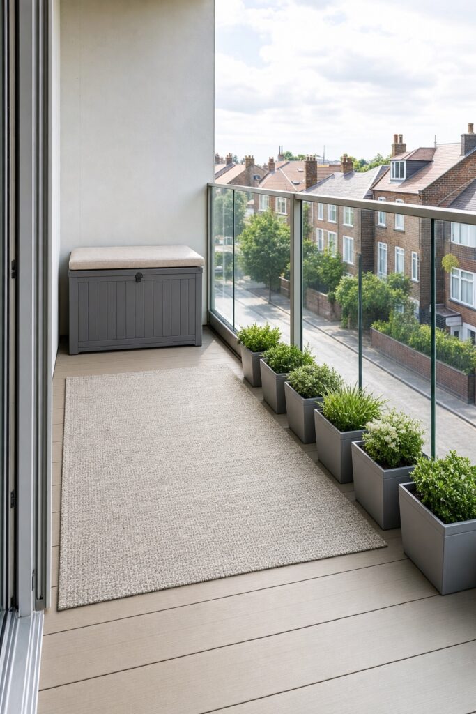 Balcony with a glass panel railing kept visually clean with one closed storage box and planters along the base