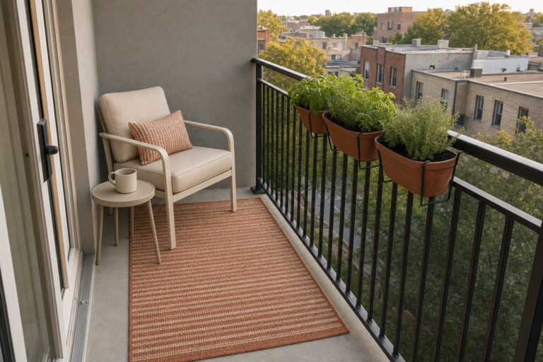 Small apartment balcony set up with one chair, a small side table, rail planters and a compact outdoor rug