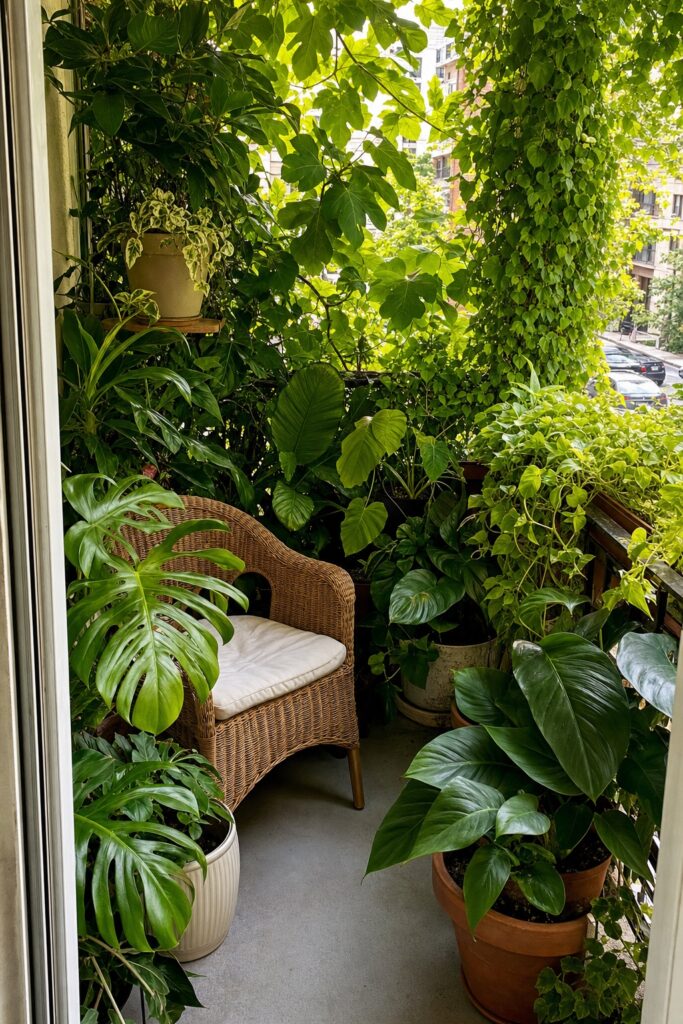 Balcony densely planted with large leaved plants at several heights with one wicker chair among the foliage