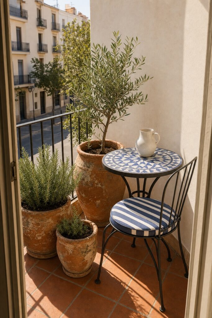 Balcony in a Mediterranean palette with terracotta pots, blue and white striped cushions and a tiled top table