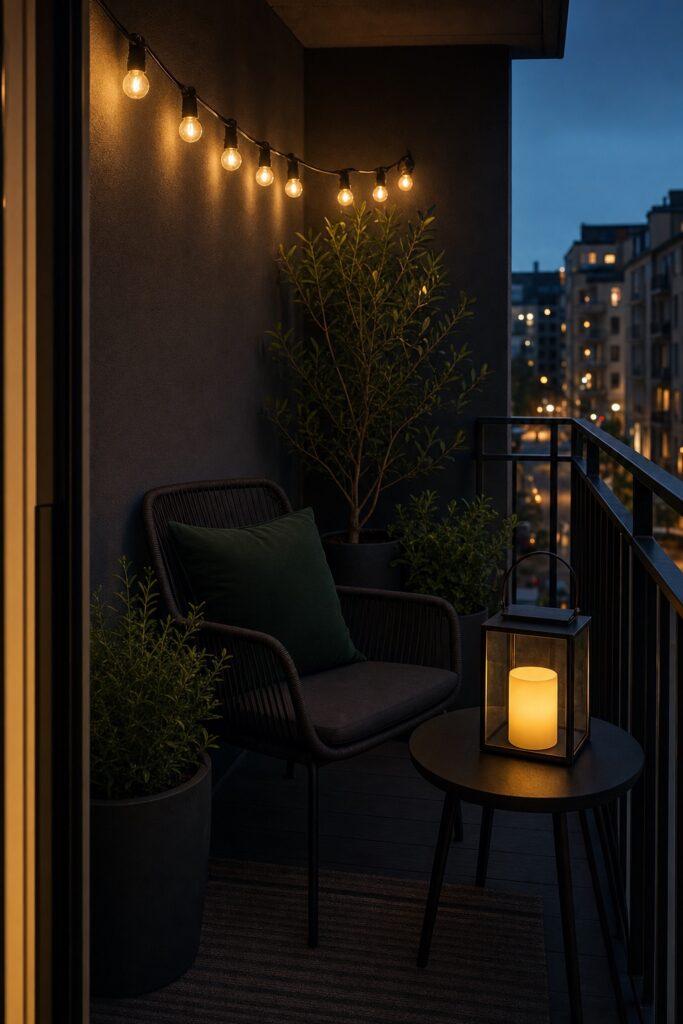 Balcony at dusk in charcoal and deep green with warm string lights overhead and a battery lantern on the table