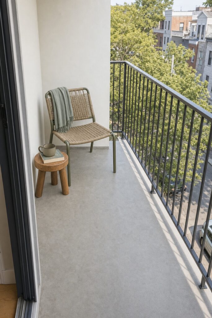 Small balcony with a single lightweight chair and a low stool used as a side table, with the floor left walkable