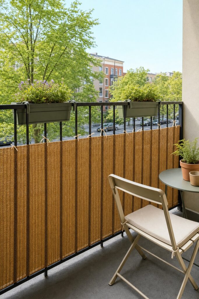 Open metal balcony railing with woven screening fixed across the lower section and the upper view left open
