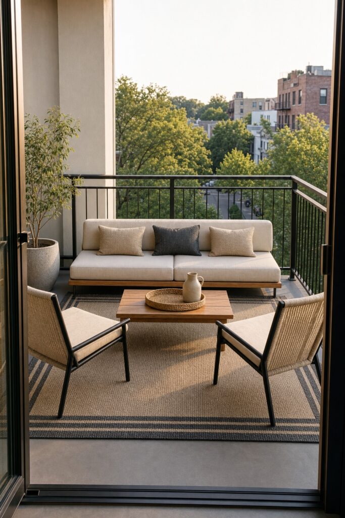 Balcony arranged as an outdoor living room with a low backed sofa, two chairs, a low table and a rug