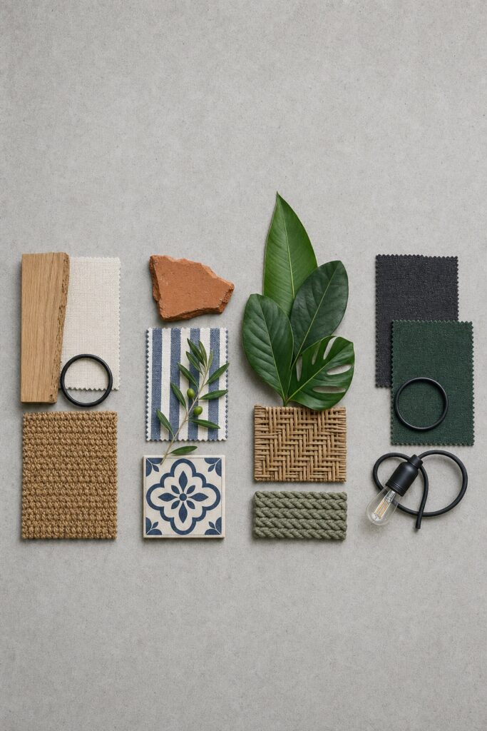 Four outdoor material groupings laid out side by side showing wood, terracotta, foliage and metal in four palettes
