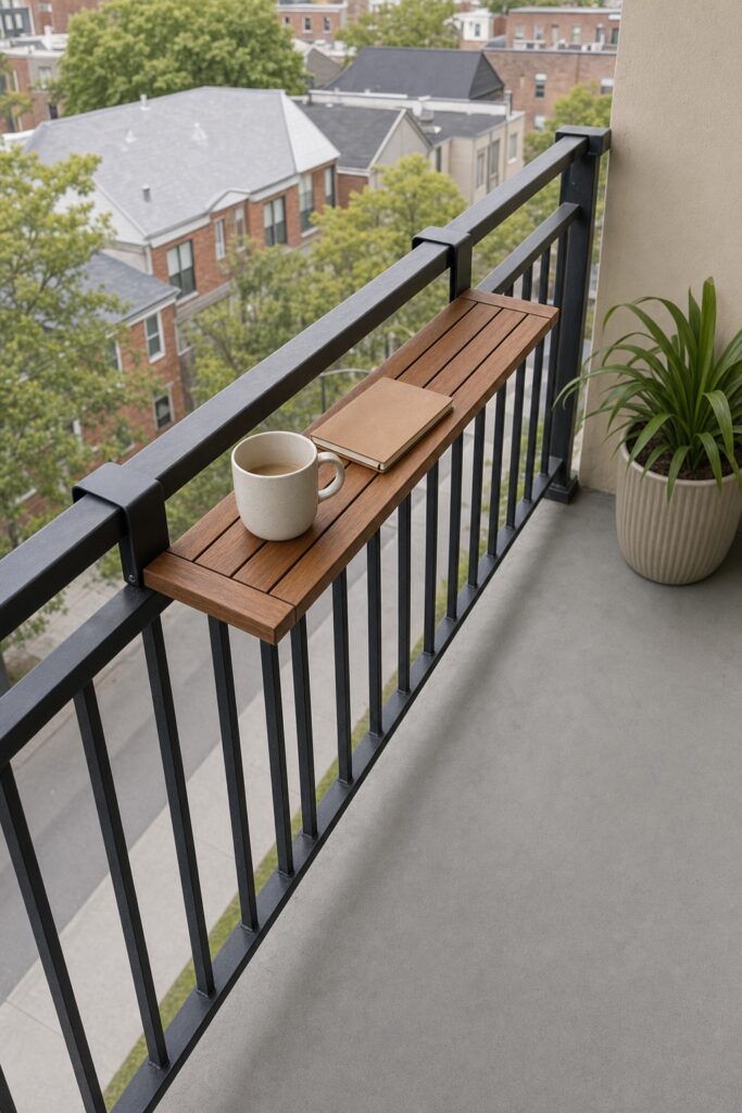 Narrow wooden shelf hooked over a balcony railing holding a single mug, with the floor completely clear