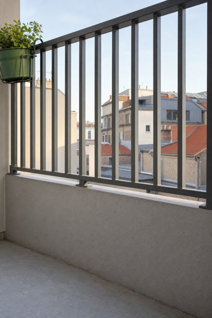 Close view of a balcony railing where the railing construction is the main subject of the frame