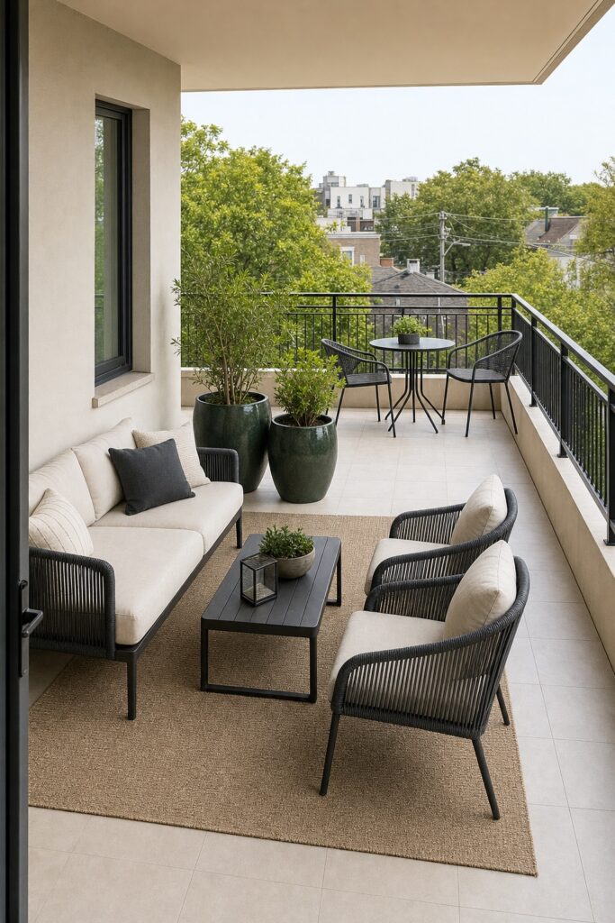 Deep corner balcony arranged into defined zones rather than a corridor, with furniture placed across the depth