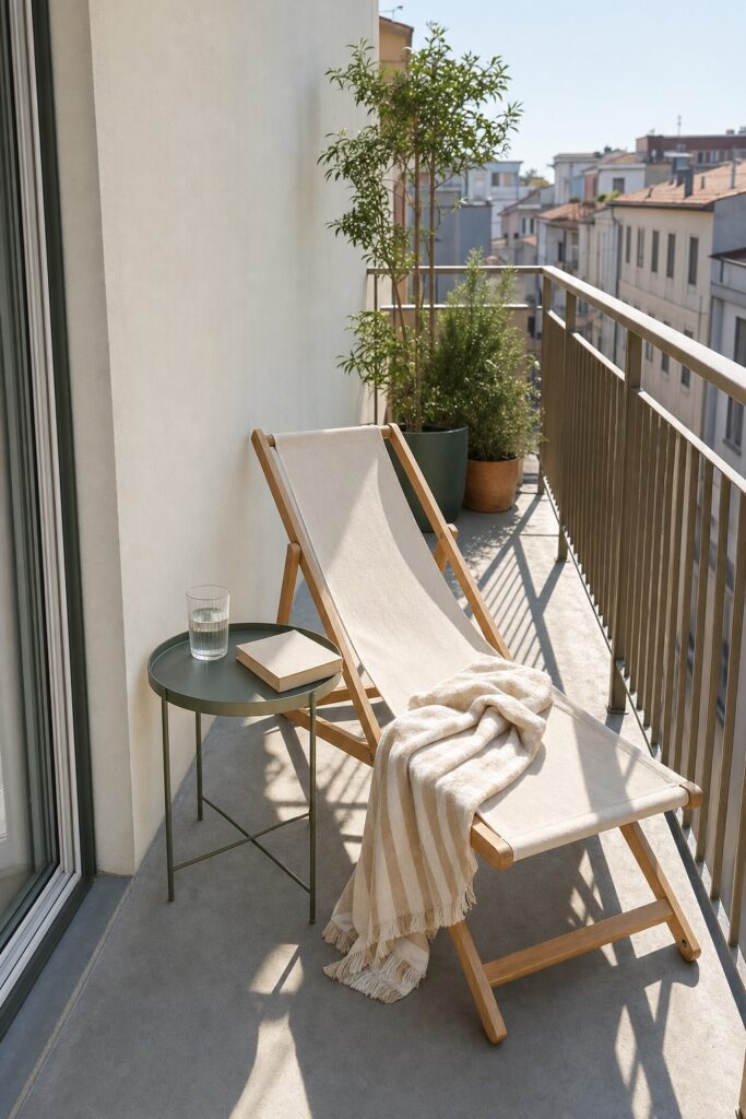Single folding lounger placed lengthways on a sunny balcony with no other seating
